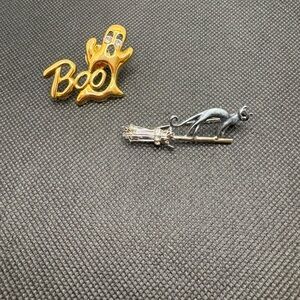 Gold Ghost and Silver Cat Brooch Set